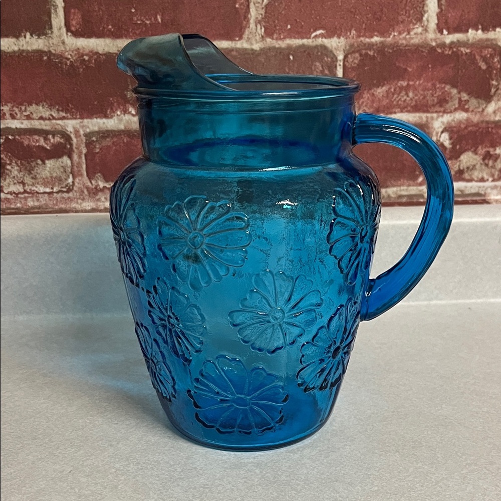 Vintage anchor hocking Blue Floral Glass Pitcher